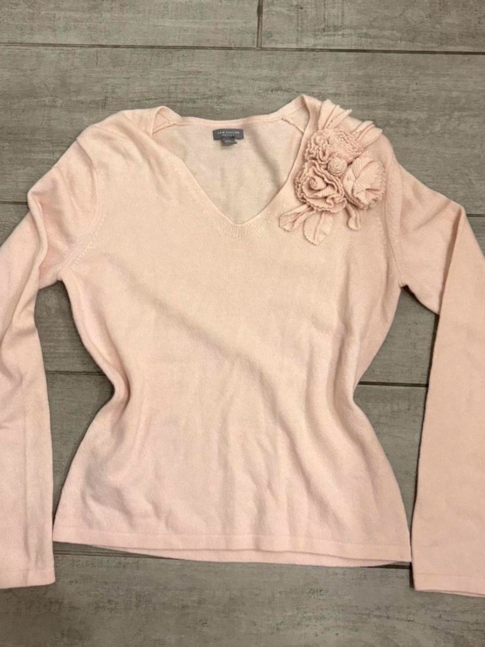 Ann Taylor Blush Pink V-Neck Sweater with Shoulder Flower Appliqué